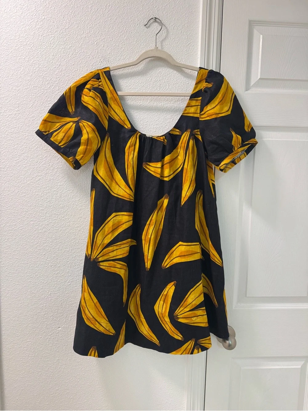 Farm Rio Ripe Bananas Linen Mini Dress puff sleeves size small yellow black - Picture 2 of 5
